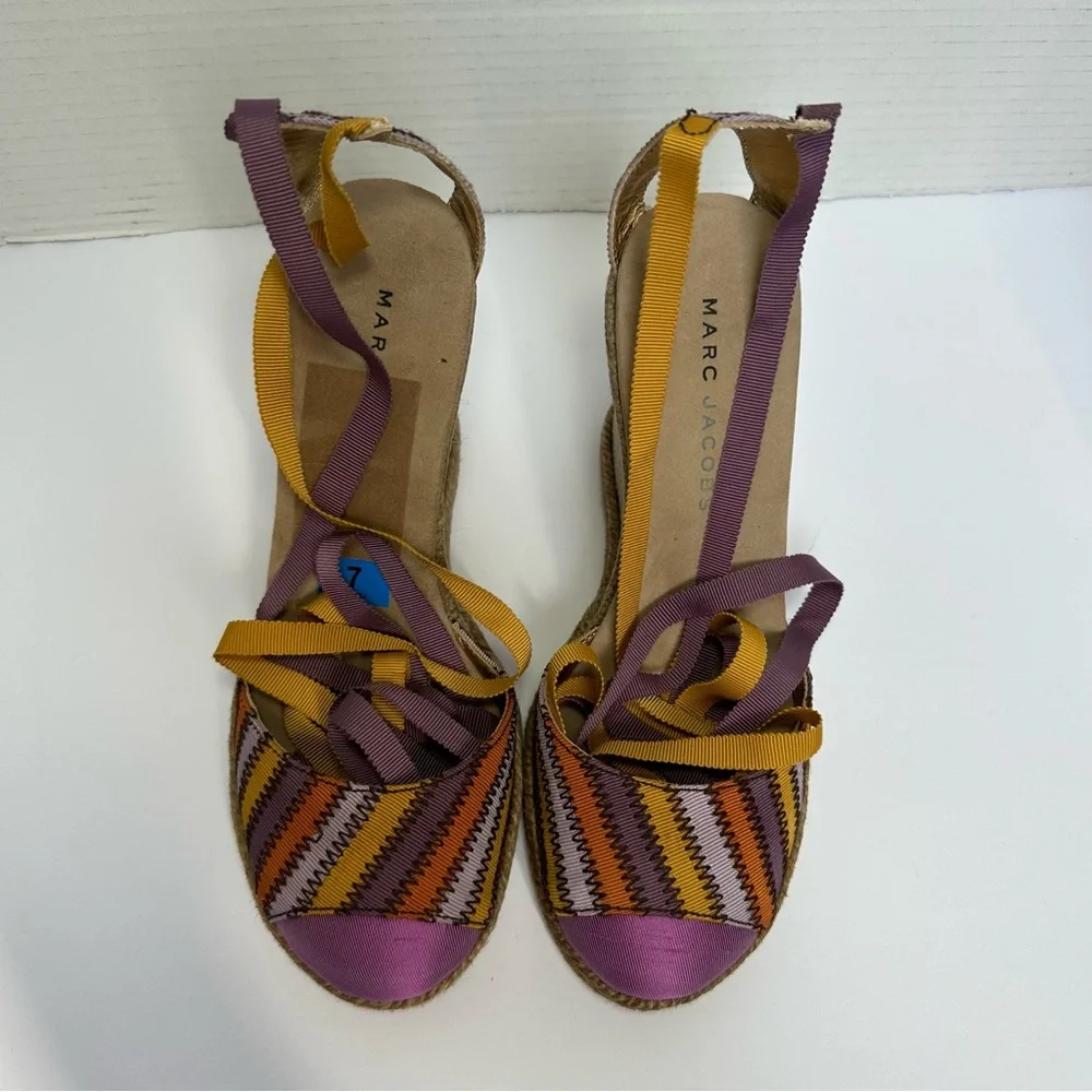 Marc Jacobs Purple & Gold Ankle Tie Colorful Wedge Espadrille Sandals- Size 7